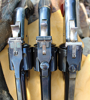 Cylinder retention systems on Top-Break revolvers: Left, original S&W New Model No. 3; Center, Uberti replica of New Model No. 3; Right, Uberti replica of Third Model Russian. Uberti used the Russian system on their New Model, a minor distraction.